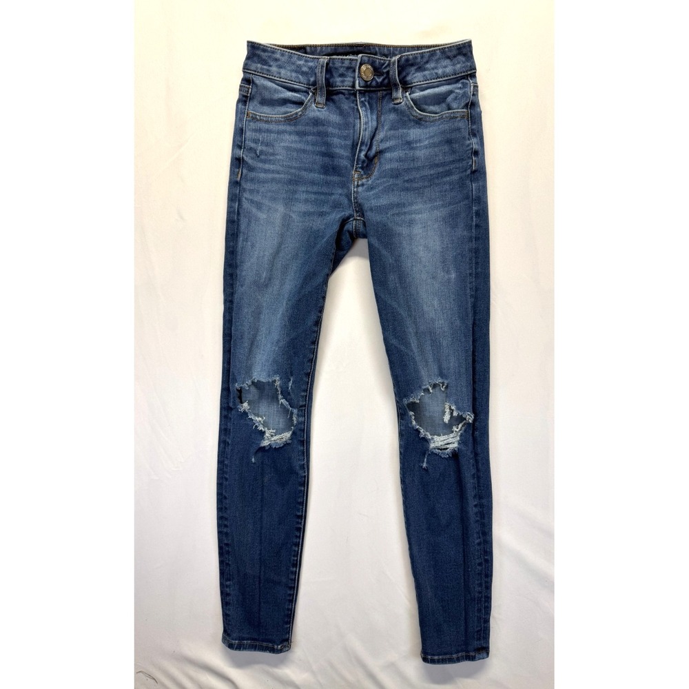 American Eagle Outfitters 360 Next Level Stretch Jeans Womens 00 Blue Distressed